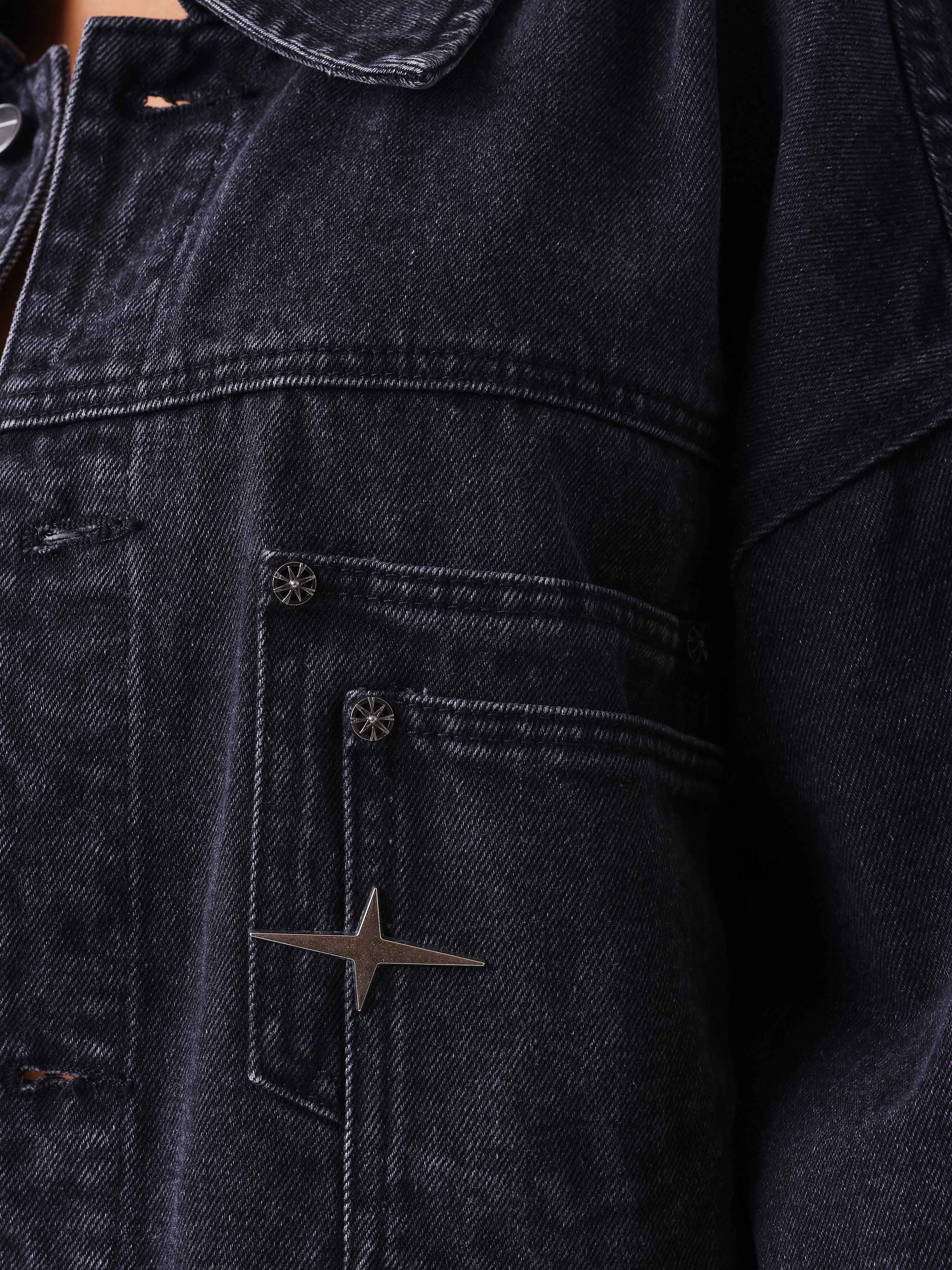 Veste oversize en denim noir délavé à surpiqûres Polaris - Image 3